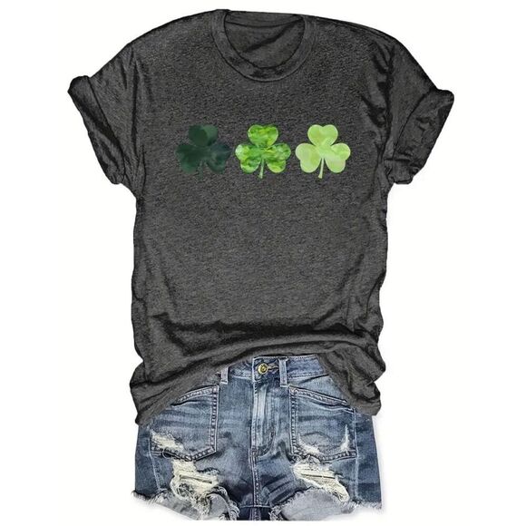 Let the Shenanigans Begin & Cute Clover short sleeve t-shirt charcoal grey sz me - Picture 2 of 3